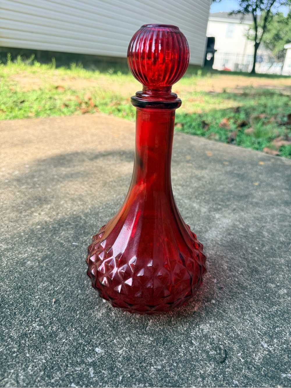 Vintage Red diamond cut Glass Decanter Bottle with Stopper